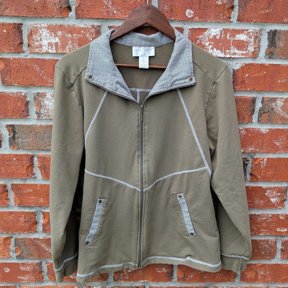 Sport Savvy Zip‎ Jacket Mens Large Olive Green Houndstooth Trim Contrast Stitch
